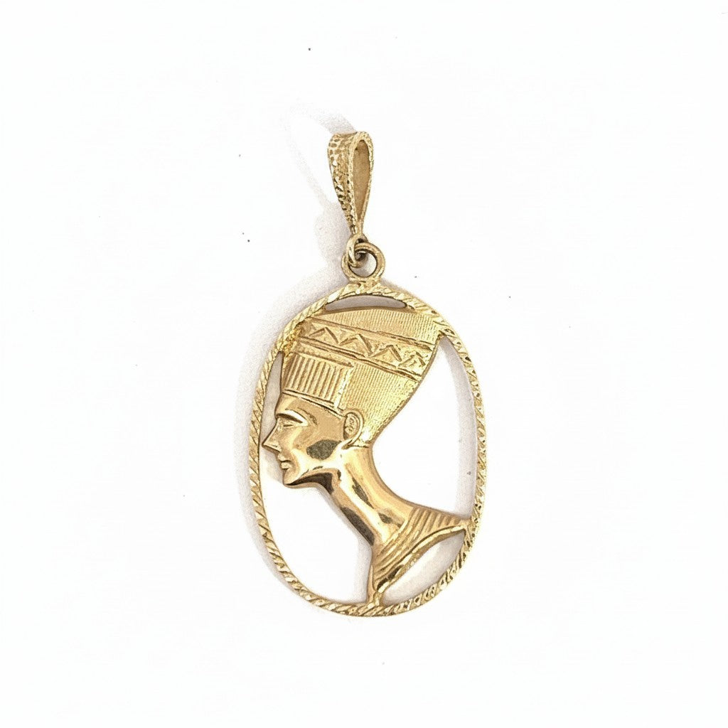 Caribbean Gems unisex 14kt yellow gold Nefertiti pendant featuring an iconic queen profile in an oval frame.
