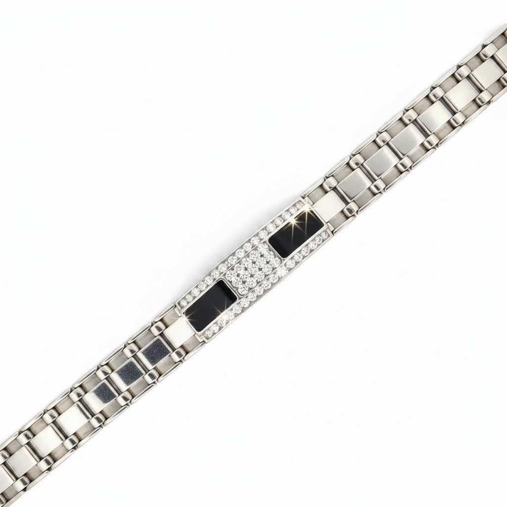 Caribbean Gems men's bracelet in 14kt white gold featuring black onyx stones and round diamond accents.