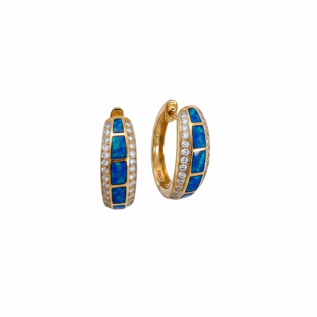 Caribbean Gems 14kt yellow gold hoop earrings featuring square Gilson opals and sparkling diamond accents.