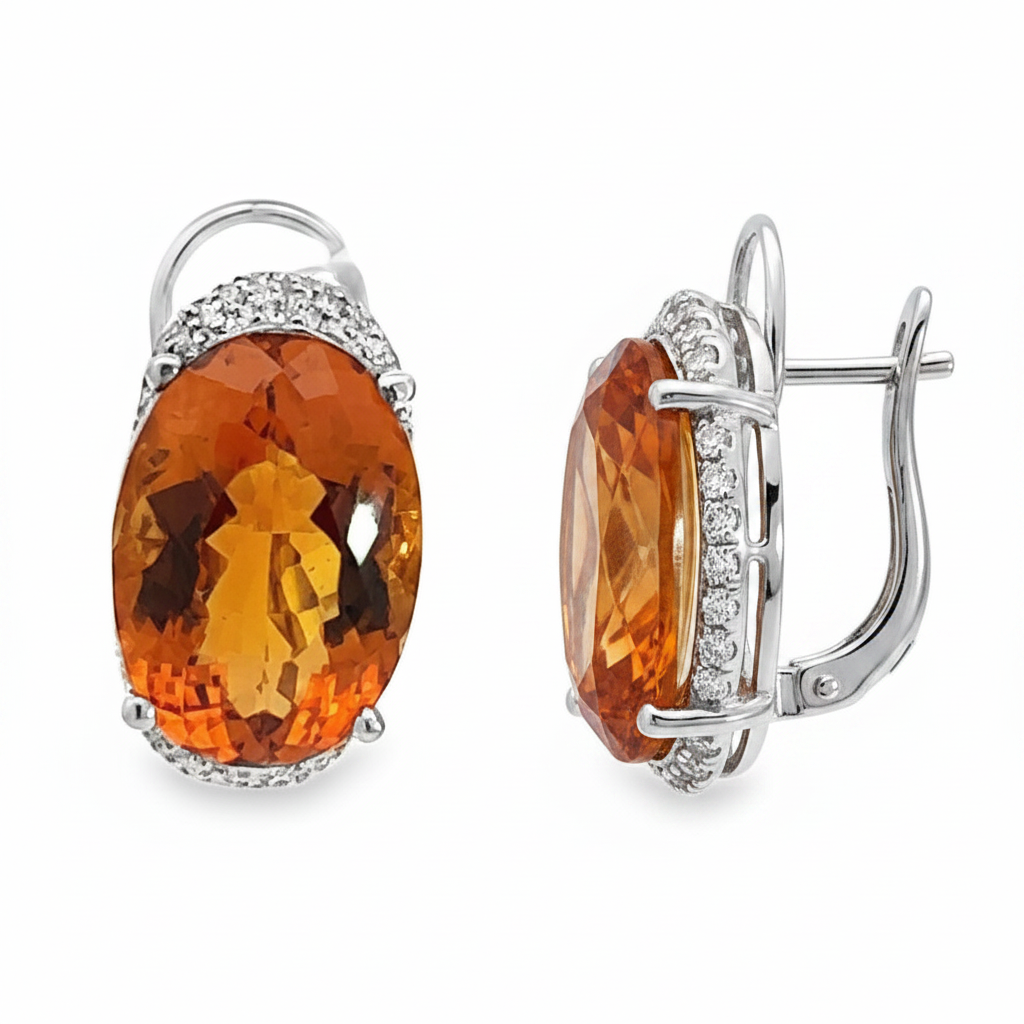 Caribbean Gems 14kt white gold earrings featuring oval citrine stones and diamond accents in a sophisticated design.