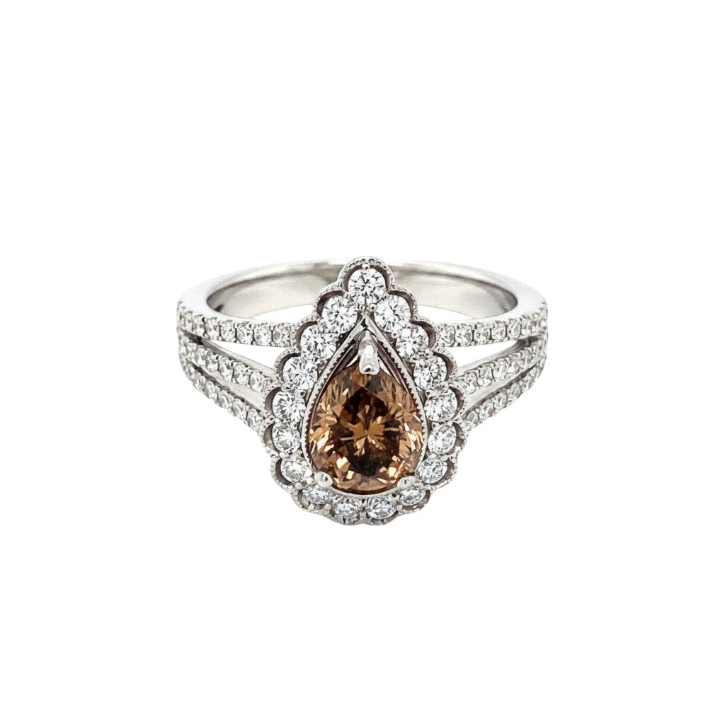 Caribbean Gems pear-shaped chocolate diamond ring with a white diamond halo and split shank band in white gold