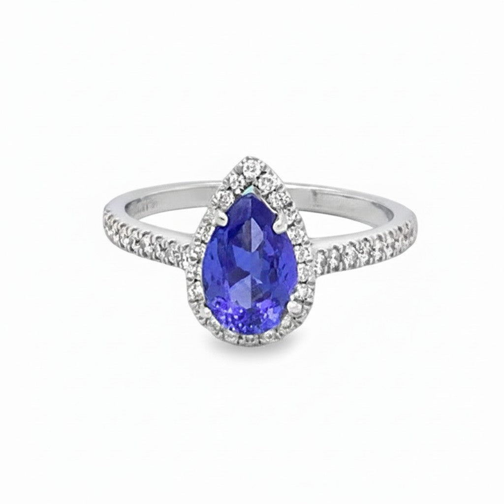 Caribbean Gems pear shape tanzanite and diamond halo ring set in 14kt white gold