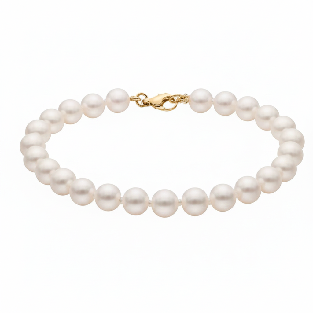 Caribbean Gems 7 inch pearl bracelet featuring 7.5mm white pearls and a 14kt yellow gold lobster clasp