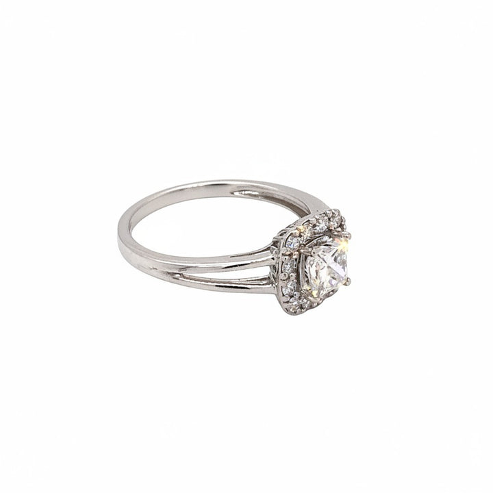 Caribbean Gems 14K gold engagement ring featuring a princess cut diamond with a halo setting and split shank band