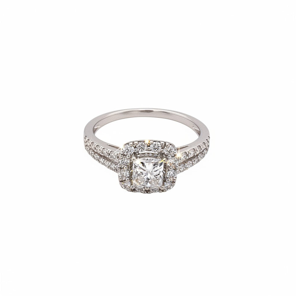 Caribbean Gems 14K white gold engagement ring featuring a princess cut diamond with a sparkling halo and pavé band