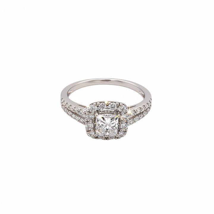 Caribbean Gems 14K white gold engagement ring featuring a princess cut diamond with a sparkling halo and pavé band