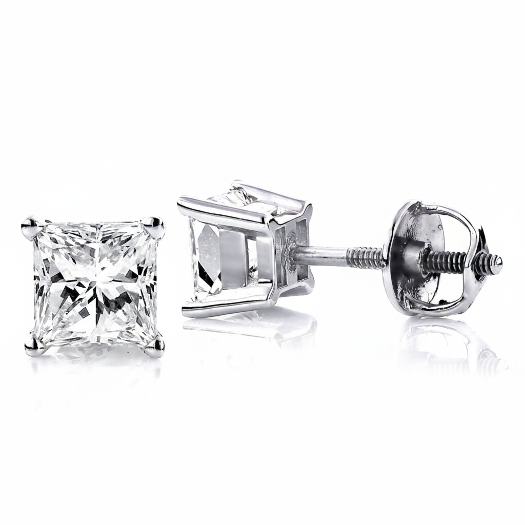 Caribbean Gems princess cut diamond stud earrings in 14kt white gold with secure screw backs