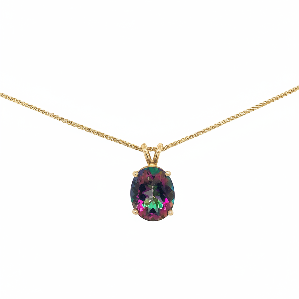 Caribbean Gems 4.50ct oval rainbow topaz pendant set in 14kt yellow gold on a delicate gold chain