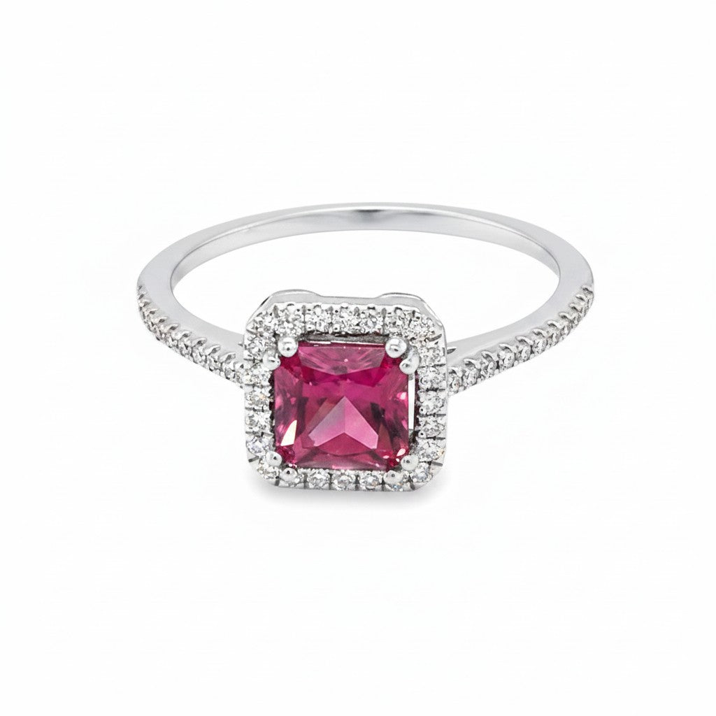 Caribbean Gems square-cut rhodolite ring with diamond halo in 14k white gold