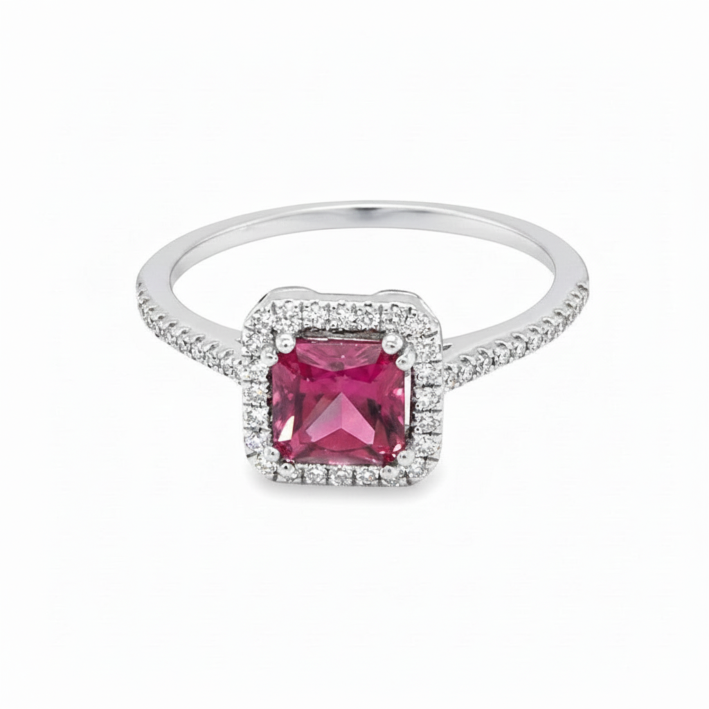Caribbean Gems square-cut rhodolite ring with diamond halo and accents in 14k white gold