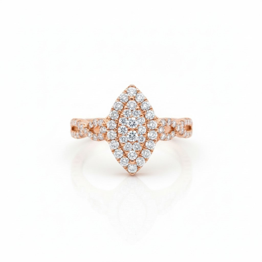 Caribbean Gems 14kt rose gold engagement ring with a marquise-shaped cluster of brilliant-cut diamonds