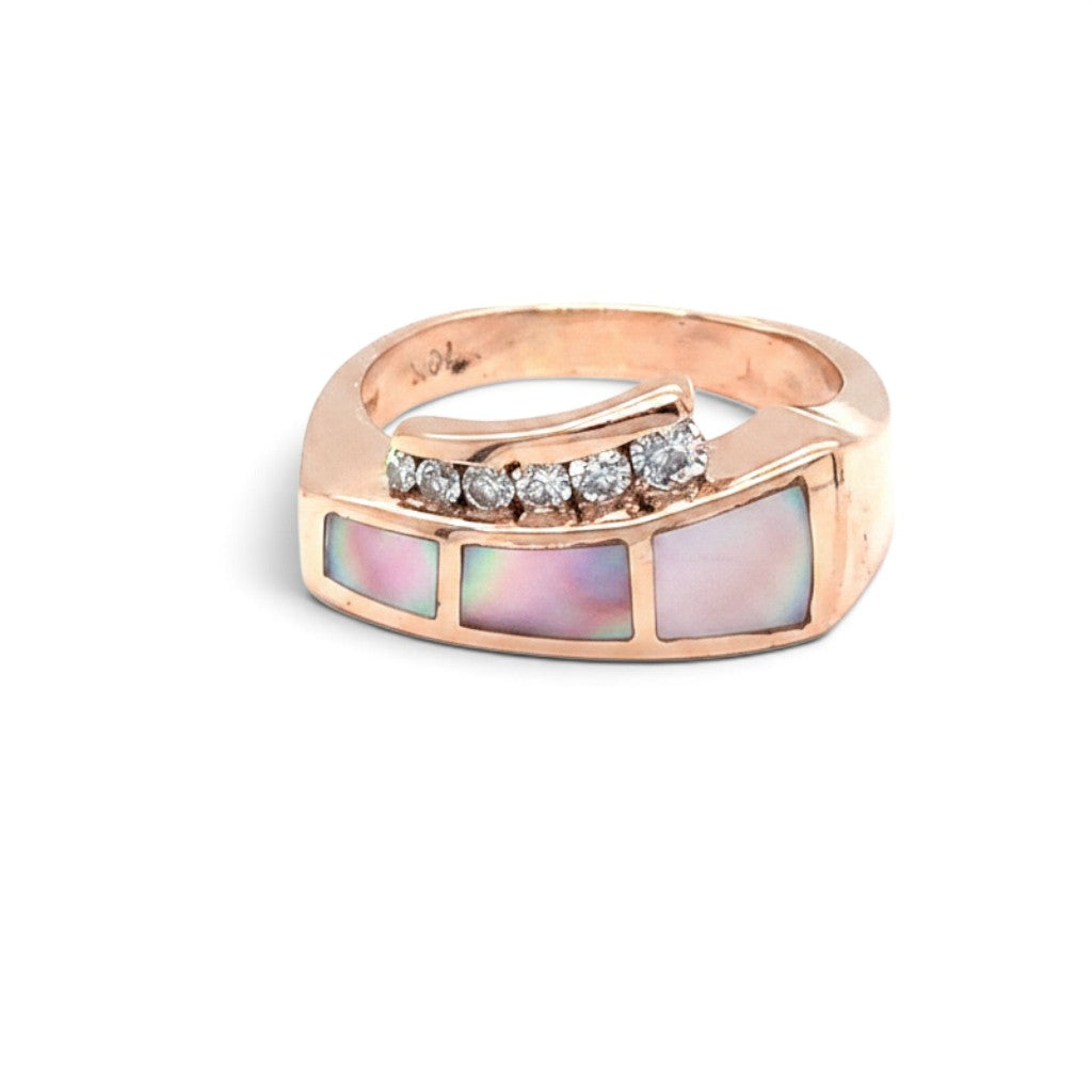 Caribbean Gems 14kt rose gold ring with pink mother of pearl inlays and sparkling round brilliant diamond accents.