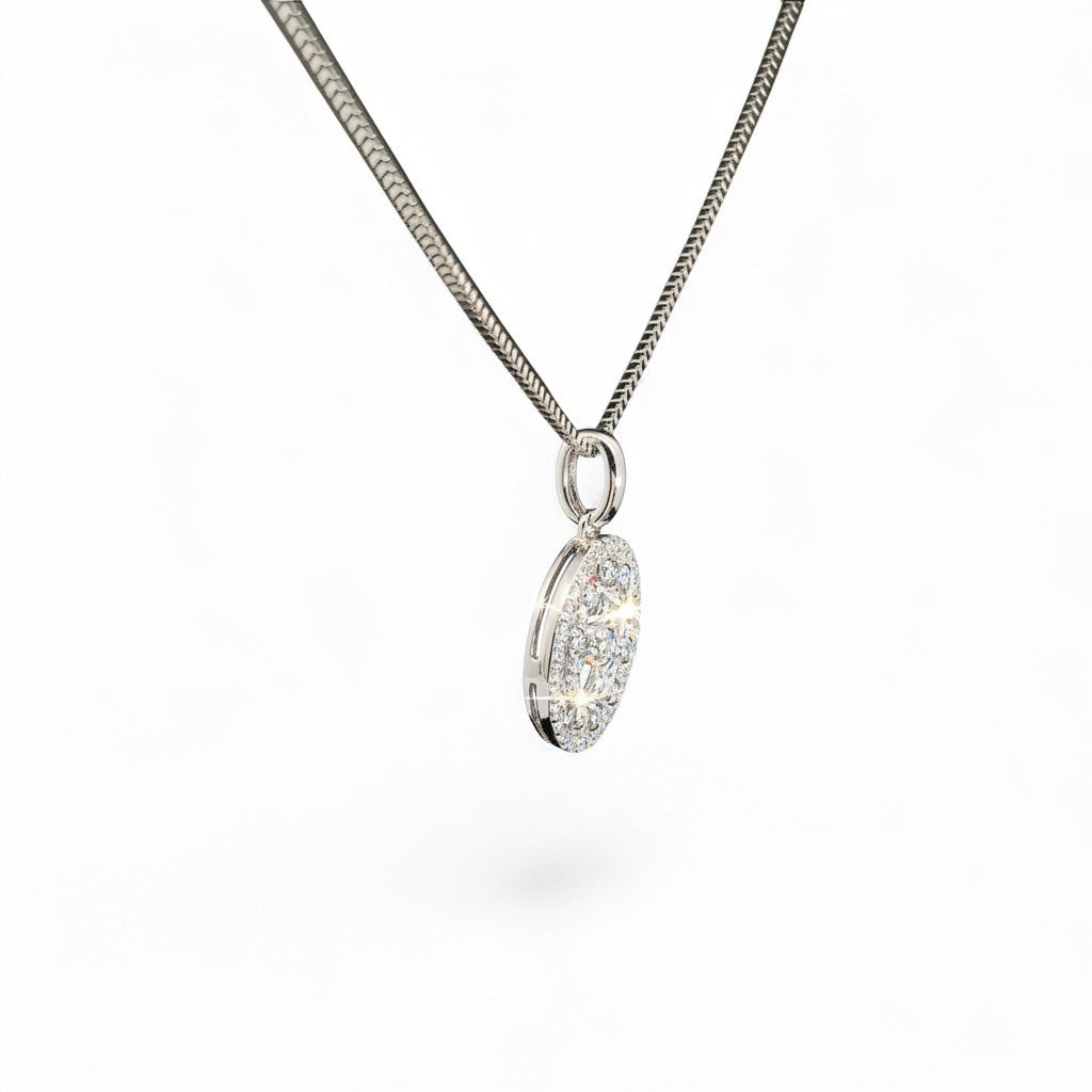 Caribbean Gems round diamond pendant in 14k white gold on a matching chain, featuring sparkling pavé-set diamonds.