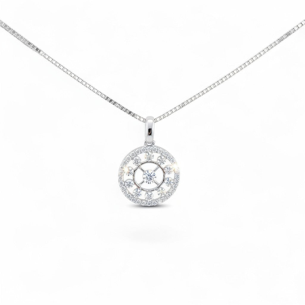 Caribbean Gems round diamond pendant in 14k white gold featuring a delicate circular design on a matching chain.