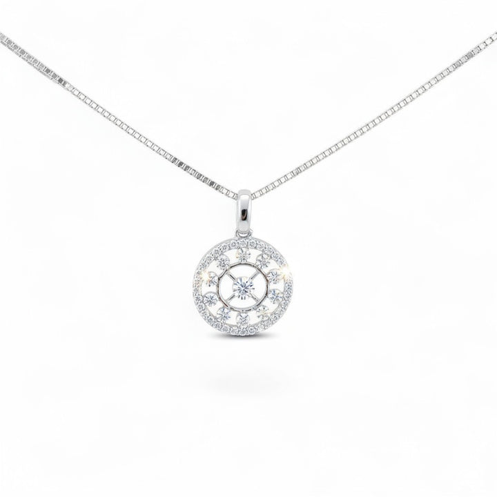 Caribbean Gems round diamond pendant in 14k white gold featuring a delicate circular design on a matching chain.