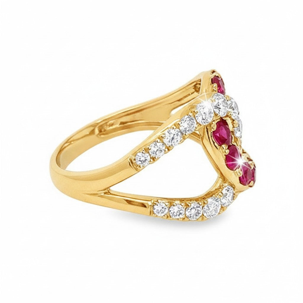 Caribbean Gems gold ring featuring a bypass design with marquise-cut rubies and pavé-set diamonds