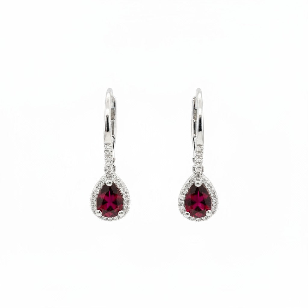 Caribbean Gems dangling earrings featuring pear-shaped rubies and round diamonds set in 14kt white gold.