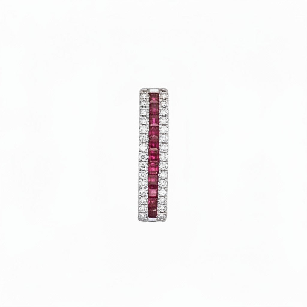 Caribbean Gems 14K gold eternity ring featuring a row of square-cut rubies flanked by sparkling round diamonds.