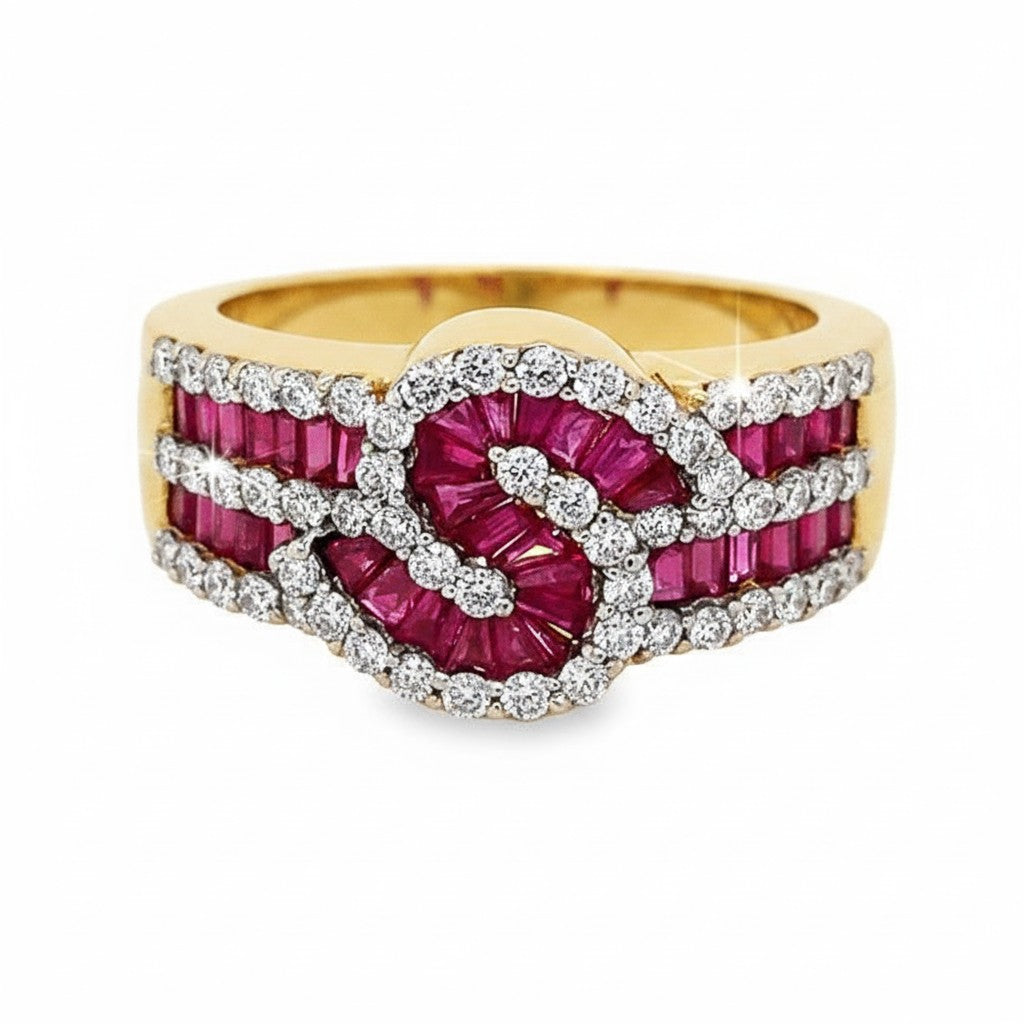 Caribbean Gems 14kt yellow gold ring featuring a 1.45ct baguette ruby center and 0.58ct round diamond accents.