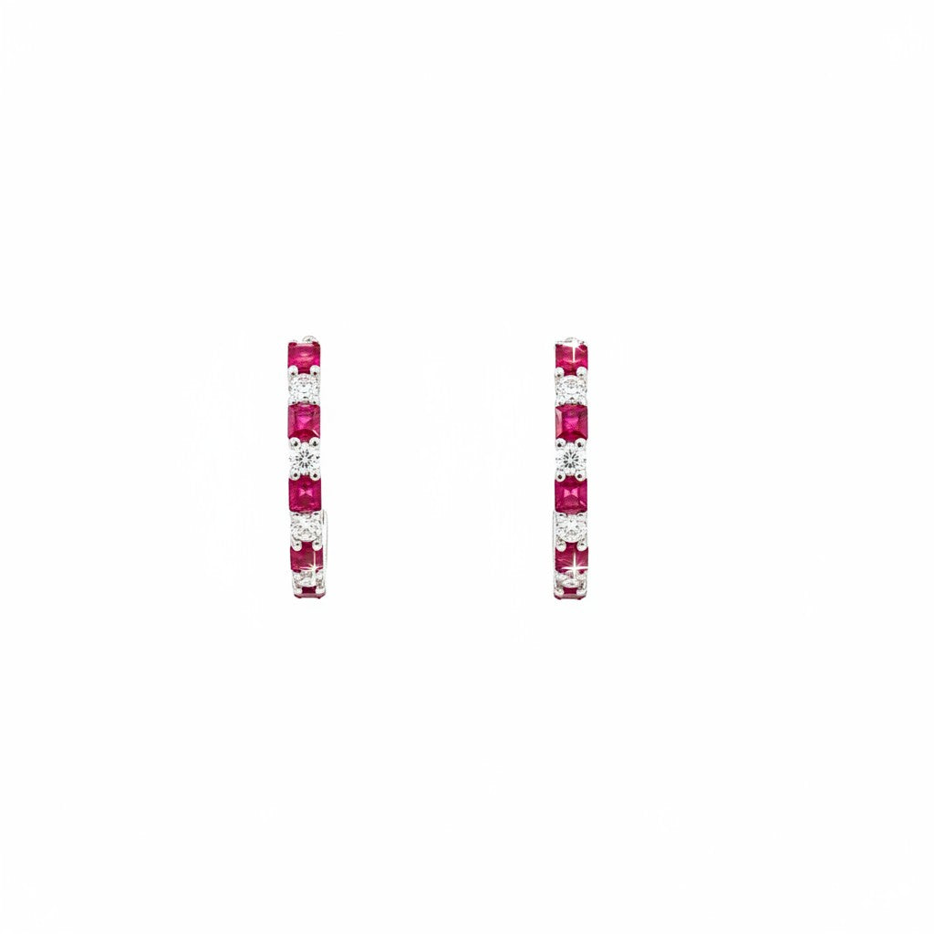Caribbean Gems 18kt white gold hoop earrings with square cut rubies and round diamonds in a classic channel setting.