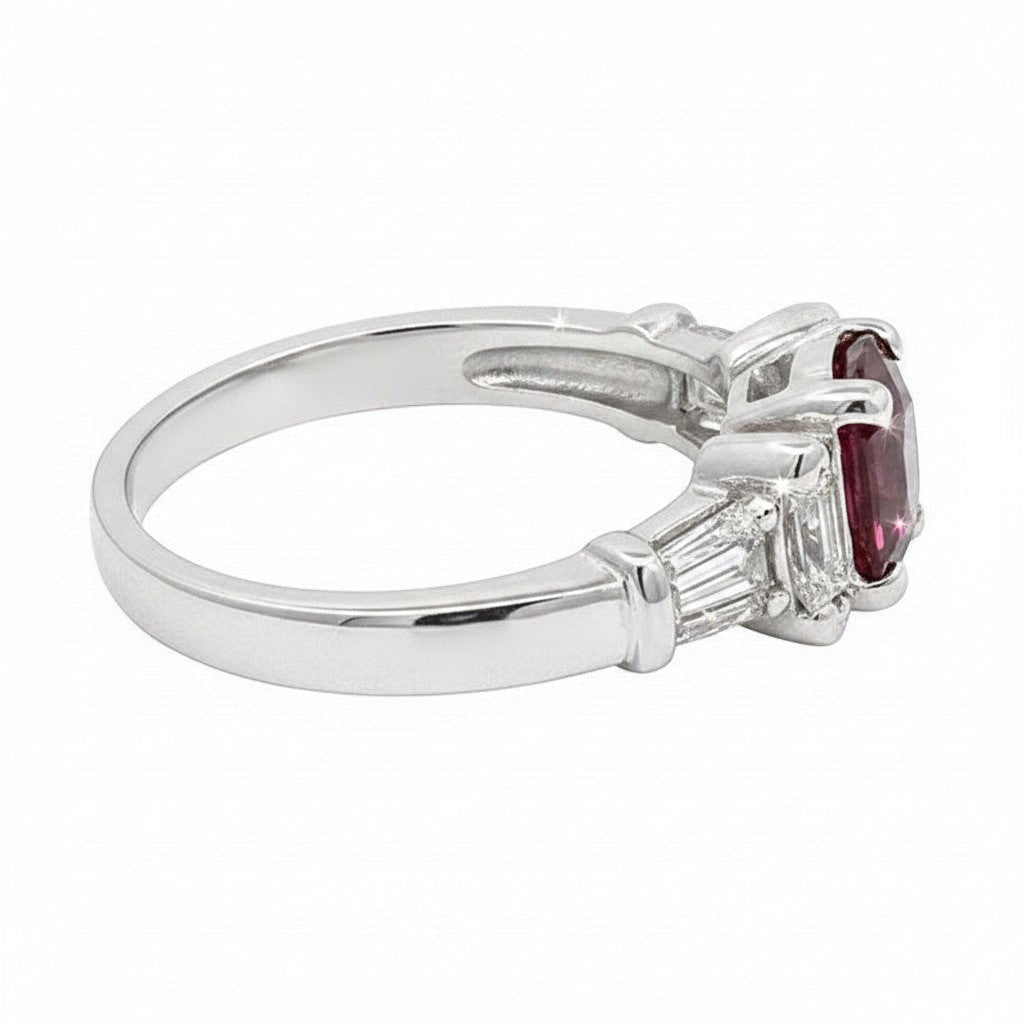 Caribbean Gems 14kt white gold ring with a 1.80ct oval ruby, baguette and marquise diamonds, side view.