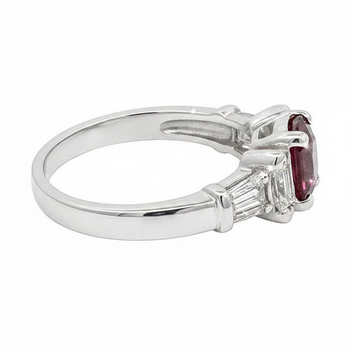 Caribbean Gems 14kt white gold ring with a 1.80ct oval ruby, baguette and marquise diamonds, side view.