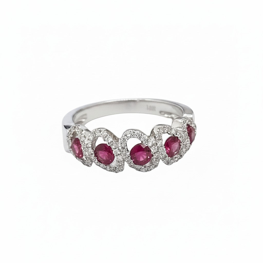 Caribbean Gems diamond and ruby ring featuring round rubies set in a white gold band with delicate diamond halos.