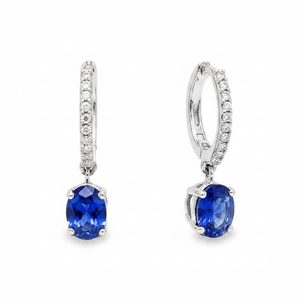Caribbean Gems dangling earrings with oval sapphires and round diamonds set in 14kt white gold