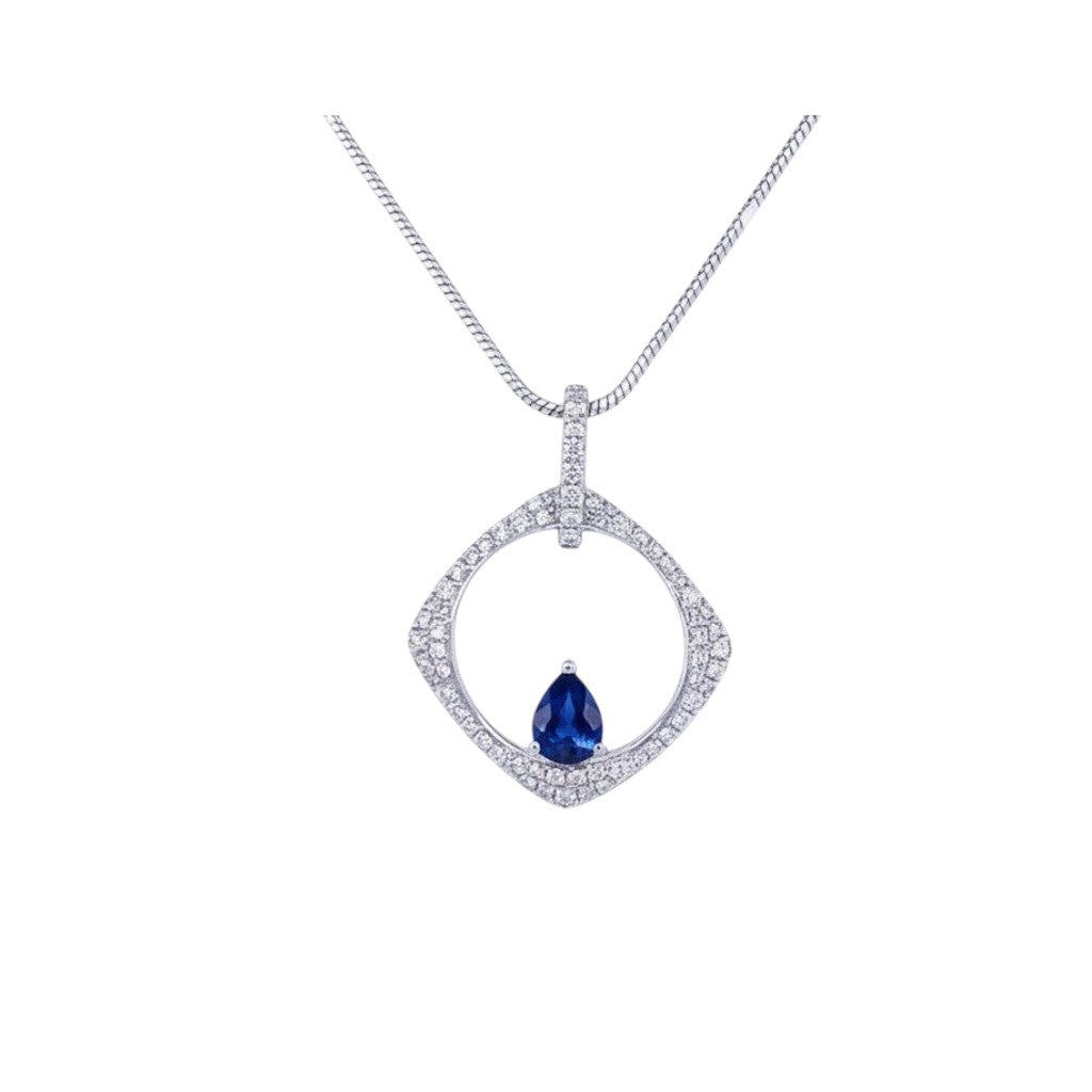 Caribbean Gems 18kt white gold pendant featuring a 0.50ct pear-shaped sapphire inside a diamond-encrusted frame.