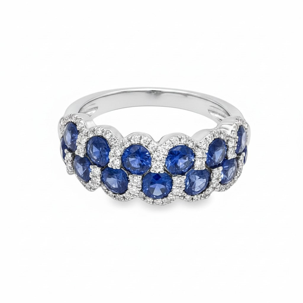 Caribbean Gems 14kt white gold ring featuring round blue sapphires and sparkling diamond accents