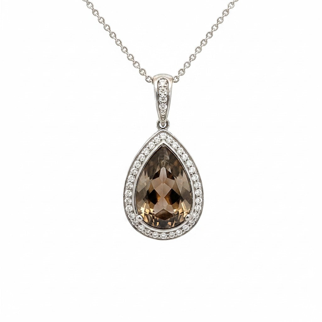 Caribbean Gems pear-shaped smokey topaz pendant with diamond halo in 14kt white gold on a delicate chain
