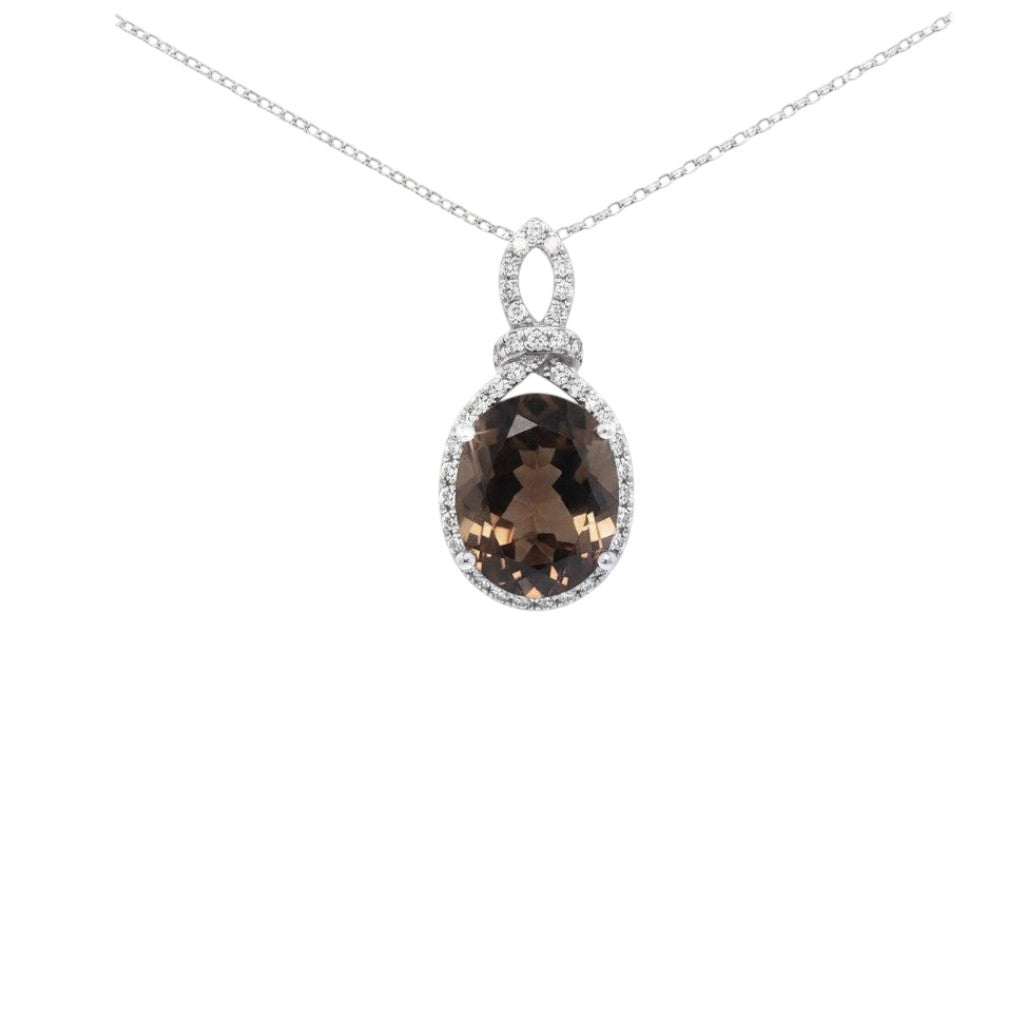 Caribbean Gems oval smokey topaz pendant with diamond halo and accents on a delicate silver chain