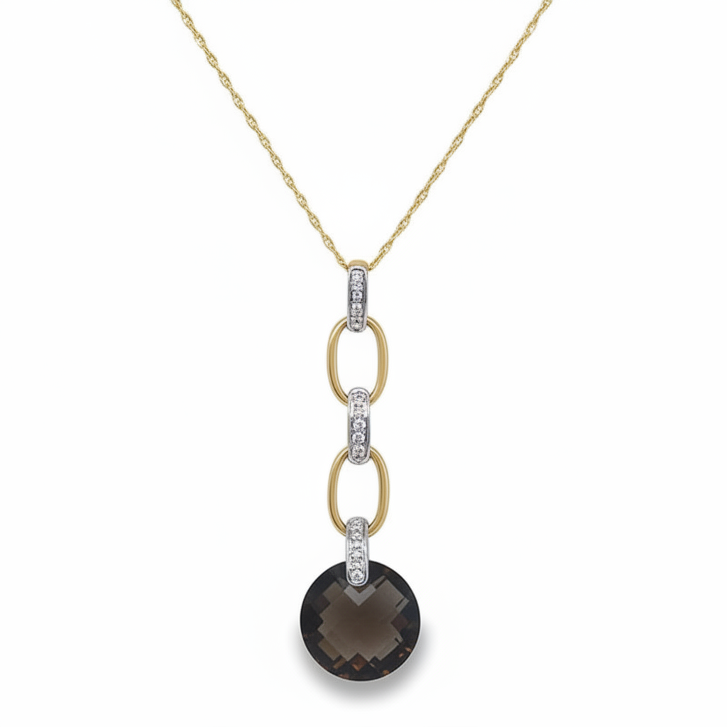 Caribbean Gems 14kt yellow gold pendant featuring a round smoky topaz and diamond accents on a delicate gold chain.