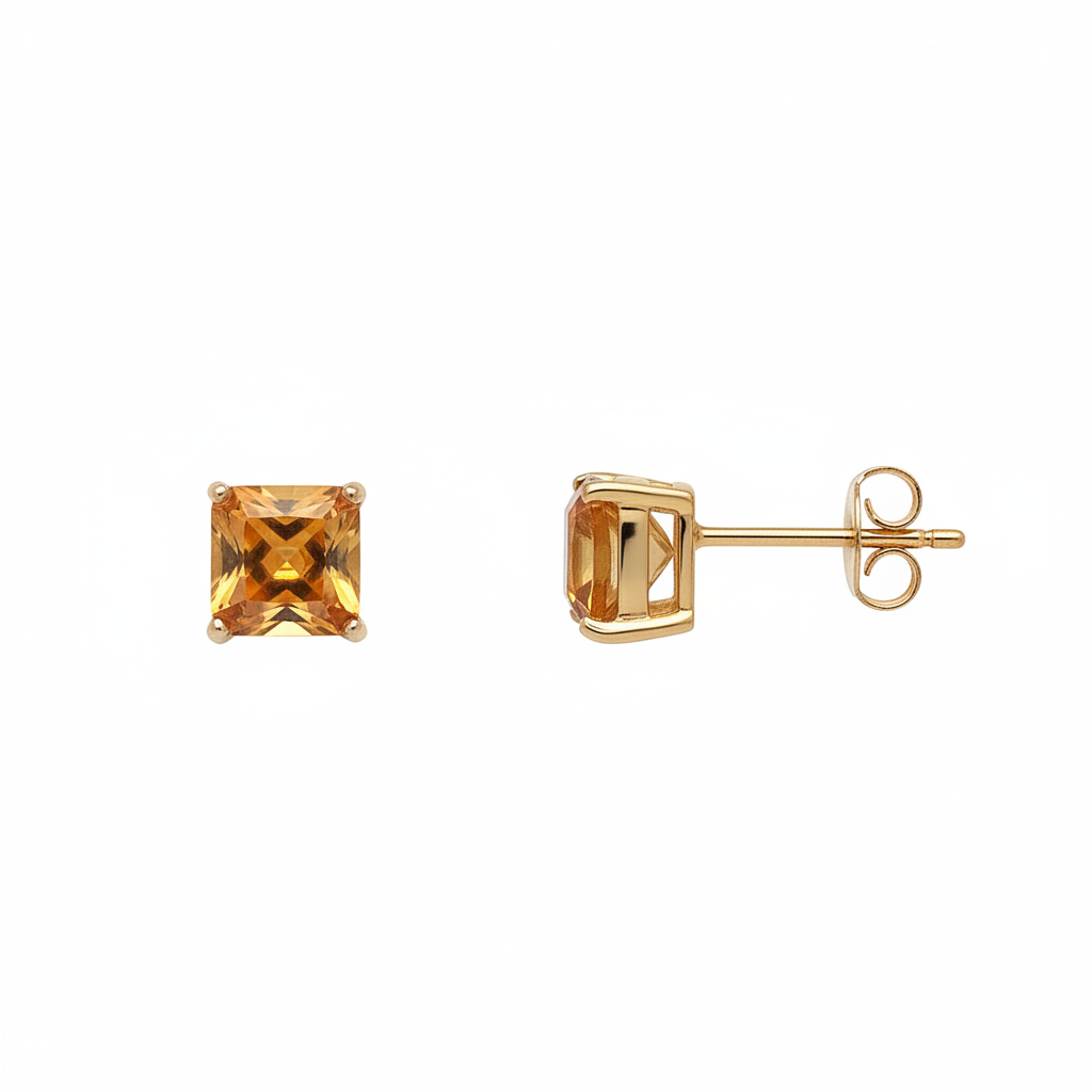 Caribbean Gems square cut citrine stud earrings in 14kt yellow gold, showcasing a sparkling golden gemstone design.