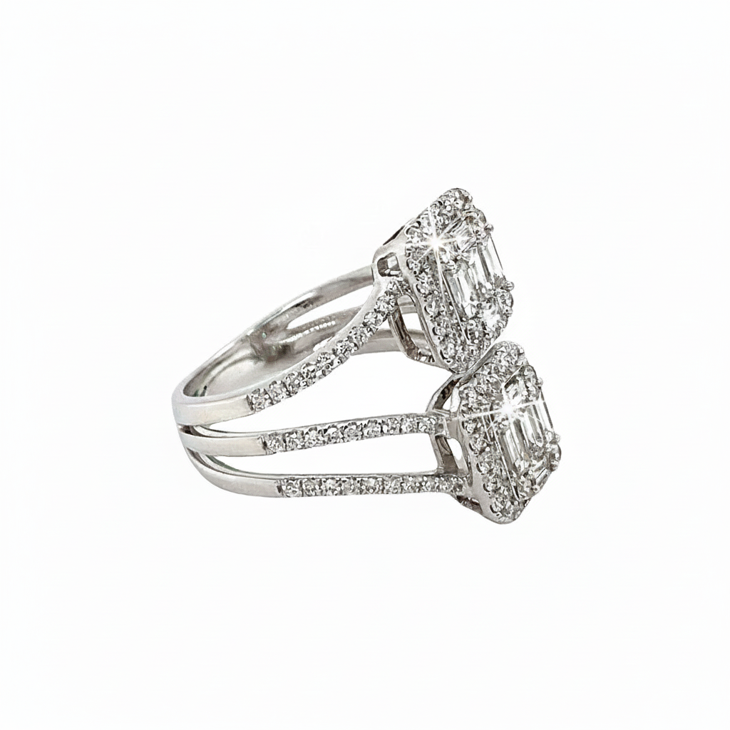 Caribbean Gems stacked diamond ring in 14kt white gold featuring baguette and round diamonds totaling 1.28cts tw.