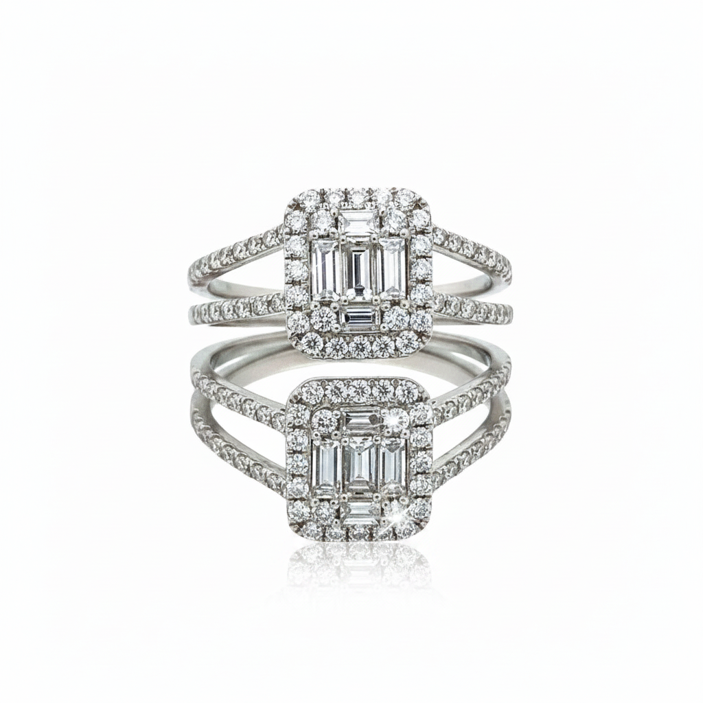 Caribbean Gems stacked diamond ring in 14kt white gold featuring baguette and round diamonds totaling 1.28cts tw.