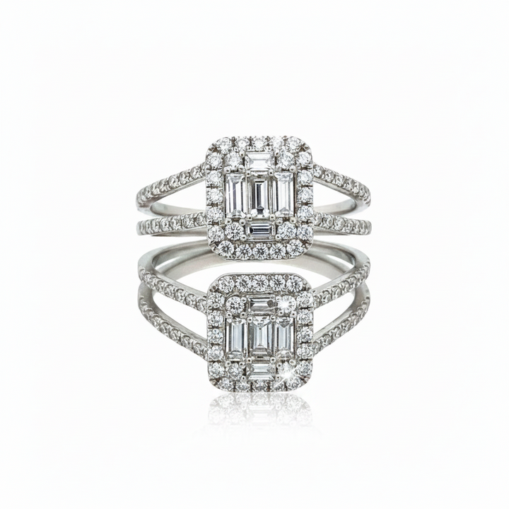 Caribbean Gems stacked diamond ring in 14kt white gold featuring baguette and round diamonds totaling 1.28cts tw.