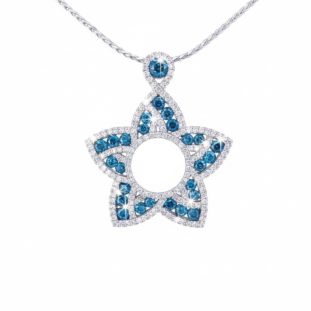 Caribbean Gems star-shaped pendant featuring blue and white diamonds set in 14kt white gold on a silver chain.