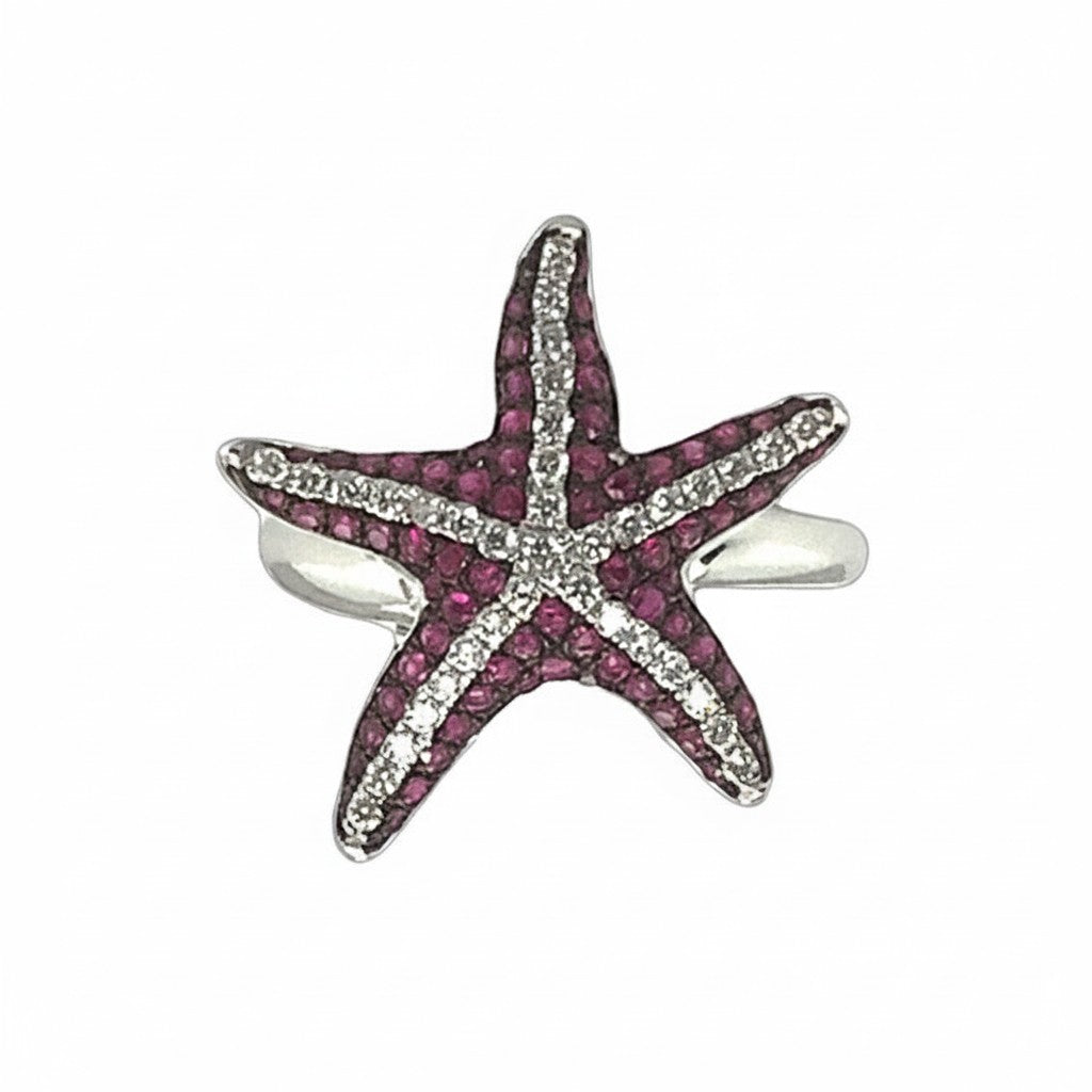 Caribbean Gems starfish ring in 14kt white gold with round ruby and diamond pavé setting