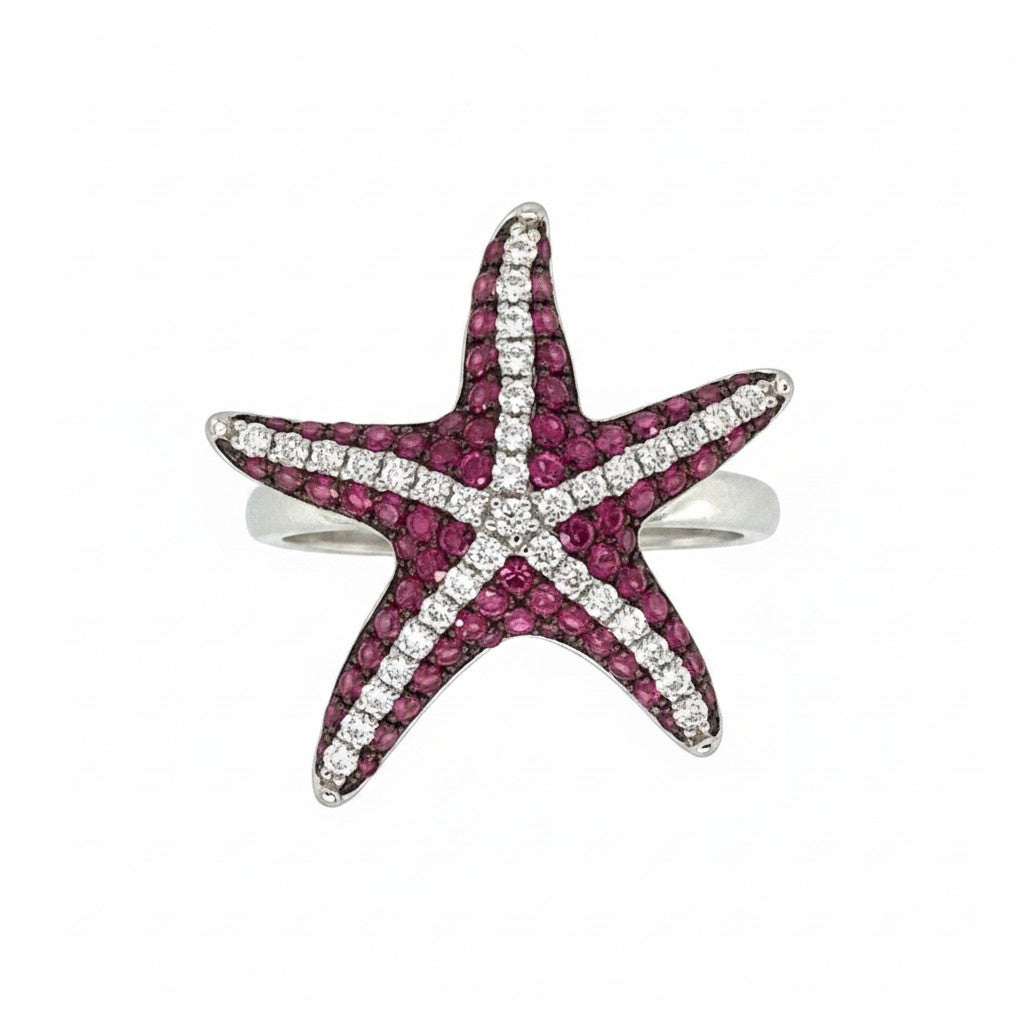 Caribbean Gems starfish ring in 14kt white gold with round ruby and diamond pavé setting.