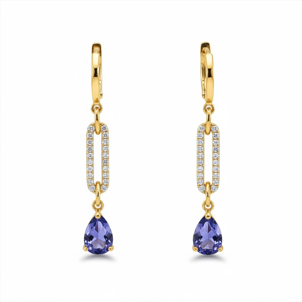Caribbean Gems dangling earrings featuring oval tanzanite and round diamonds set in 14kt yellow gold link design