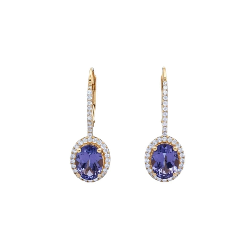 Caribbean Gems 14kt yellow gold drop earrings with oval tanzanite stones and diamond halos on white background