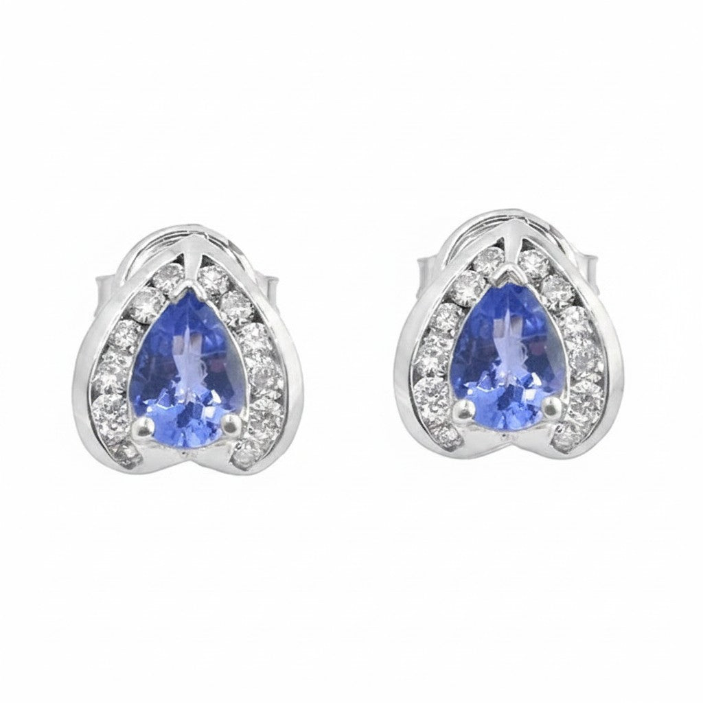 Caribbean Gems pear-shaped tanzanite and round diamond stud earrings set in 14kt white gold