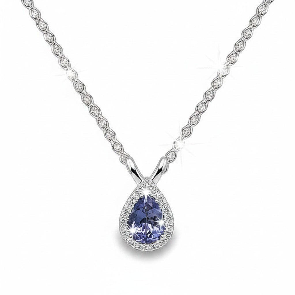 Caribbean Gems pear-shaped tanzanite pendant necklace with diamond halo in 14kt white gold