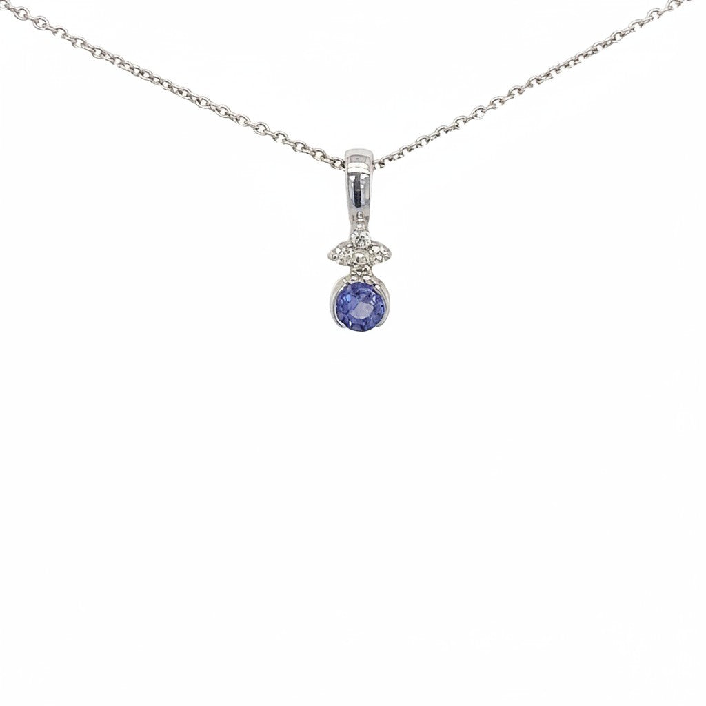 Caribbean Gems round tanzanite and diamond pendant set in 14kt white gold on a delicate chain