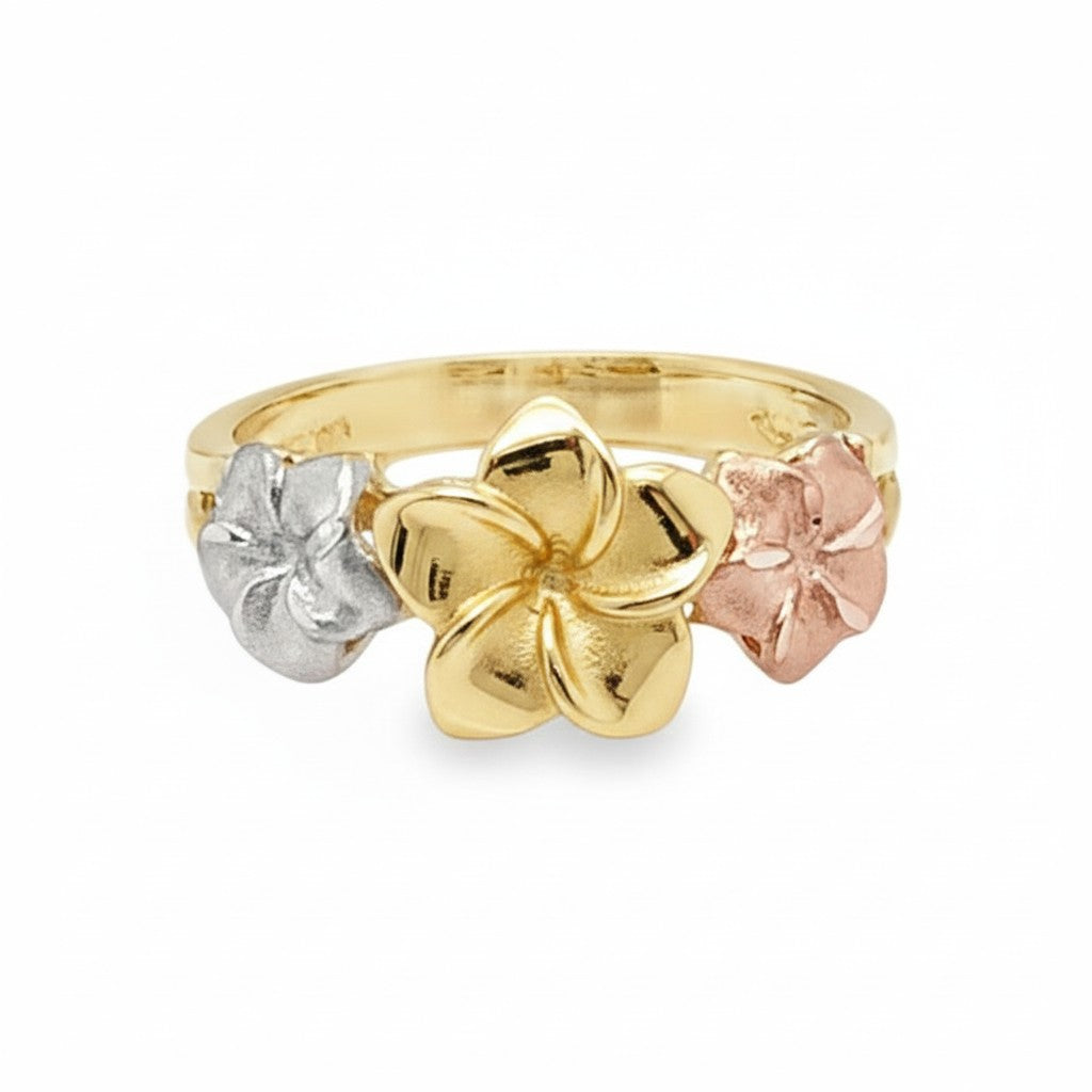 Caribbean Gems 14kt tri-color gold ring featuring three delicate flower-shaped blossoms in yellow, white, and rose gold.