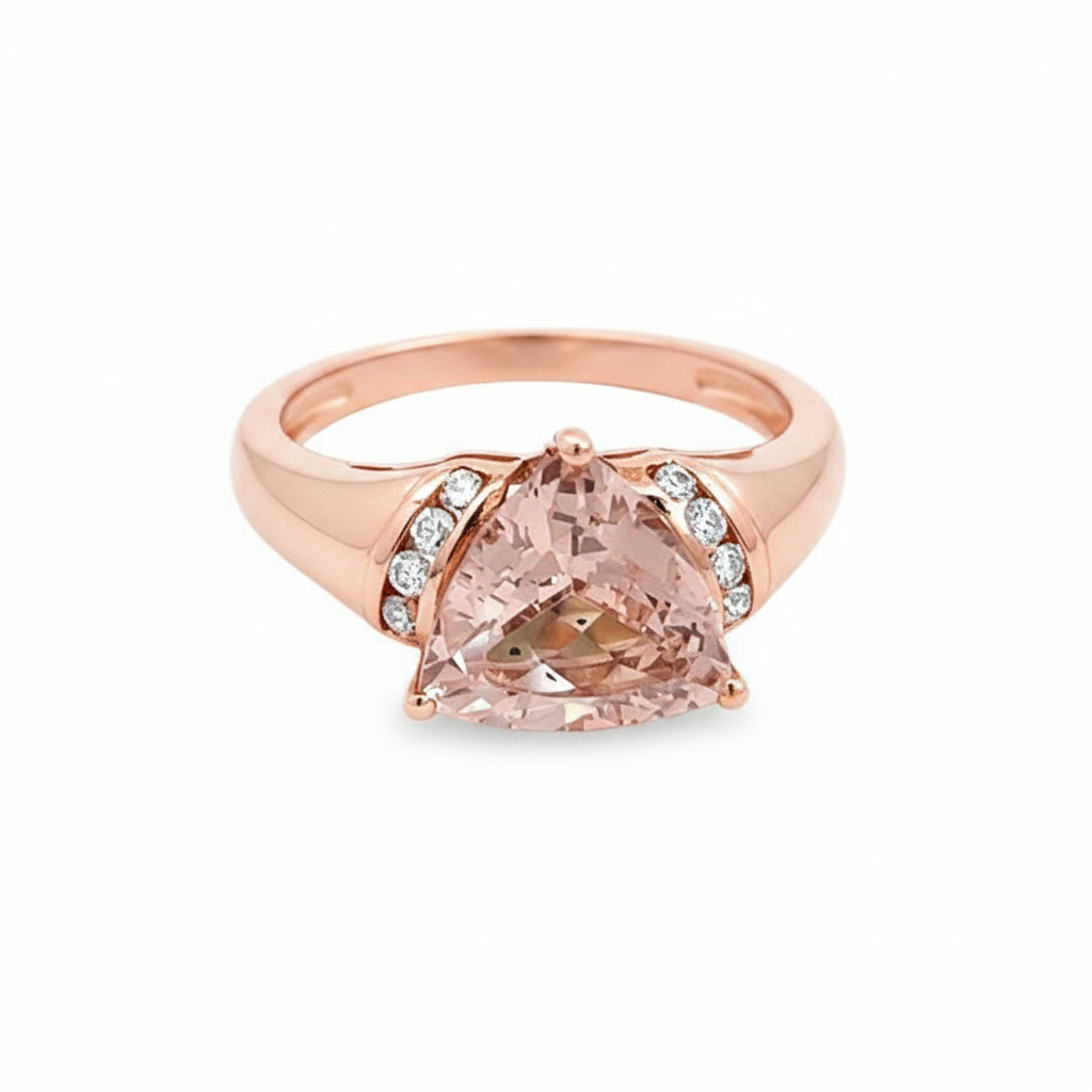 Caribbean Gems 14kt rose gold ring featuring a 2.95ct trillion-cut morganite stone accented with round diamonds.