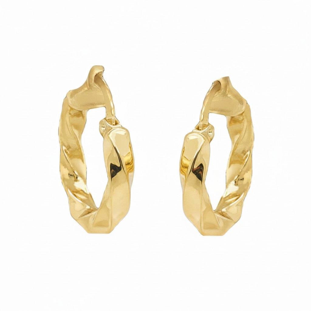 Caribbean Gems 14kt yellow gold hoop earrings with an elegant twisted design on a white background