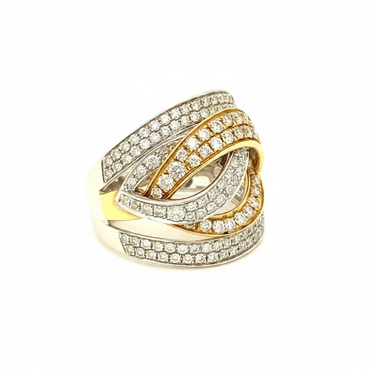 Caribbean Gems layered diamond ring featuring 1.58ct round diamonds set in 18kt two-tone gold with a crossover design.