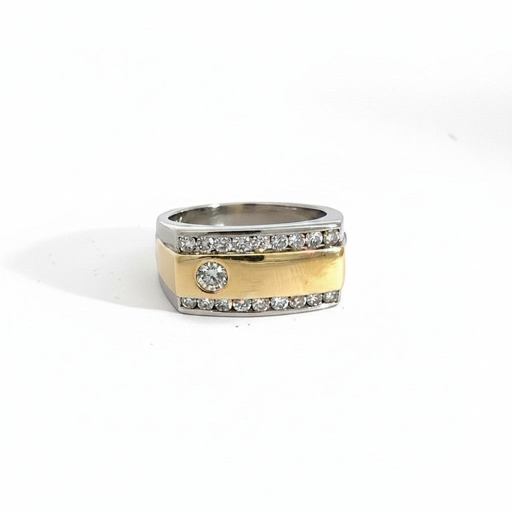 Caribbean Gems men's two-tone 14k gold ring featuring a central diamond and channel-set accent stones.